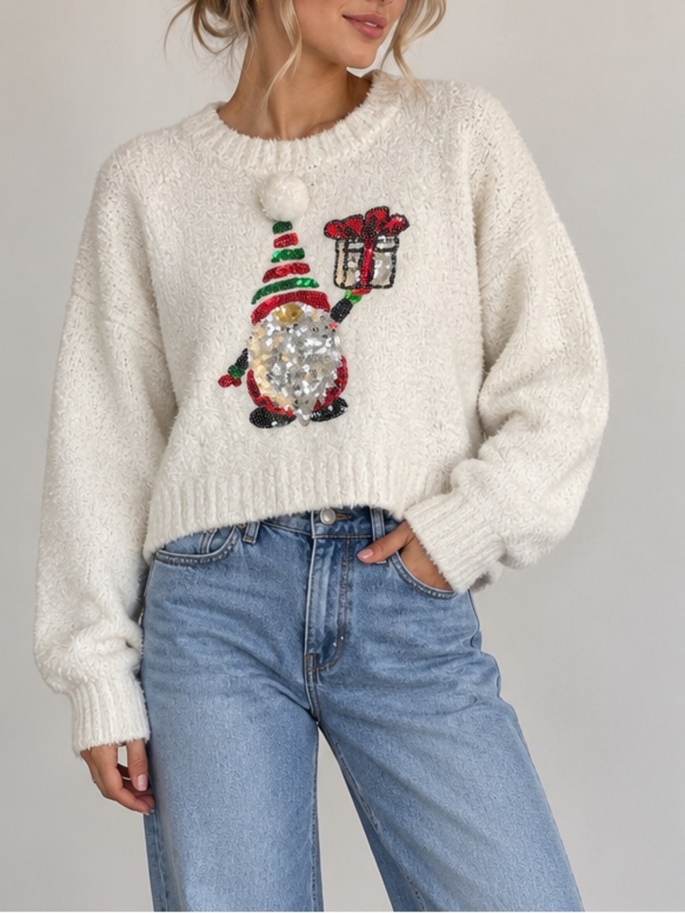 Poof NWOT Sequin Christmas Gnome Sweater Ivory Fuzzy Holiday Pullover Size M